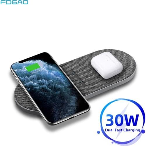 2 in 1 30W Dual Qi Wireless Charger for Samsung S20 S10 S9 Buds Double Fast Charging Pad for iPhone 12 11 XS XR X 8 Airpods Pro