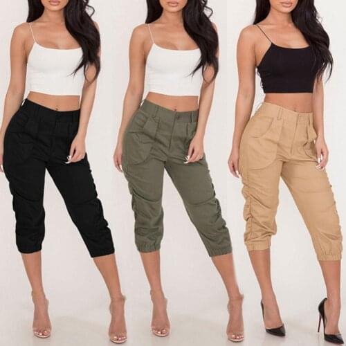 2020 Summer Autumn Ladies 3/4 Trousers Womens Three Quarter Elasticated Waist Casual Capri Cropped Pants