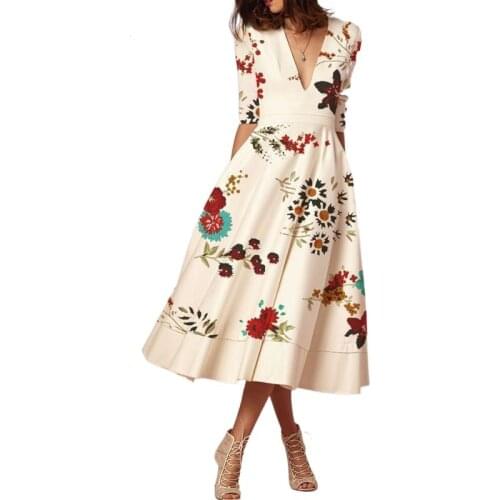 2021 Womens Printed V-neck A-line Long Office Dress Maxi Dresses for Women