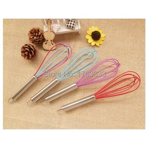300pcs a lot 10" silicone coated egg whisk eggbeater stainless steel handle kitchen gadget , free ship