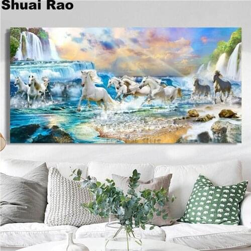 Diamond embroidery waterfall horse landscape 5D DIY full diamond painting drill 3d rhinestone mosaic large size wall decor