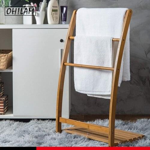 Freestanding 3-Tier Bamboo Towel Bar Bathroom Towel Rack Holder Bottom Storage Shelf Organizer for Bath Hand Towel Wash Clothes