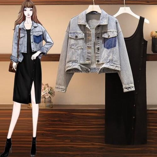Real shot large womens clothing 2021 spring new fat sister foreign style denim coat suspender dress foreign style suit