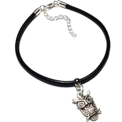 Vintage Silver Owl Bird Charms Cuff Bracelet Good Luck Black Leather Anklets Bracelets Jewelry Women Accessories Gift B511