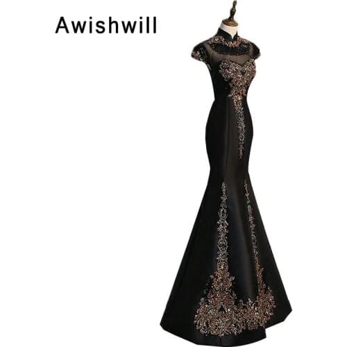 Black Long Prom Dresses 2020 High Neck Sequin Appliques Satin Mermaid Evening Dress with Short Sleeve Formal Gowns for Women