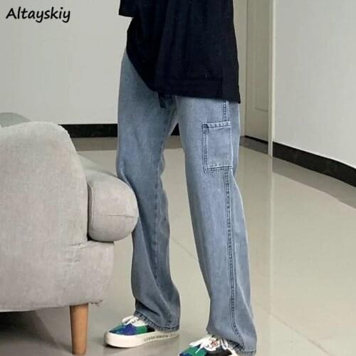 Jeans Women Loose Casual Vintage Chic Pockets Wide Leg Trousers Unisex Ins All-match Trendy Streetwear Harajuku Simple Preppy