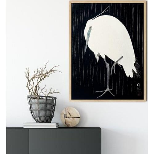 Egret in the Rain By Ohara Koson Painting Art Canvas Prints Classic Artwork Poster Black White Wall Pictures Living Room Decor