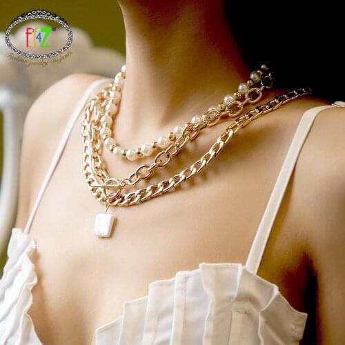 F.J4Z 2021 Trend Necklaces for Women Pop Simulated Pearl Beaded Cuban Chain Toggle Statement Chunky Necklace жемчуг ожерелье