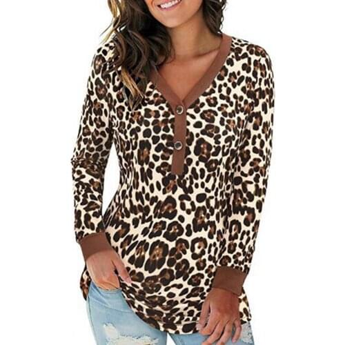 Autumn Women T-Shirts Leopard Print Buttons V Neck Long Sleeve Loose Top TeeWomens Clothing camisetas de mujer футболка женский