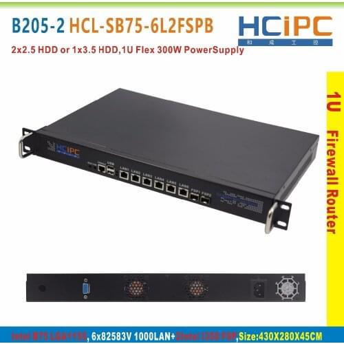 HCiPC B205-2 HCL-SB75-6L2FSPB, 4G+64G+I3,LGA1155 B75 82583V 6LAN+2FSP 1U Firewall Barebone,1U 6LAN Router,6LAN Motherboard
