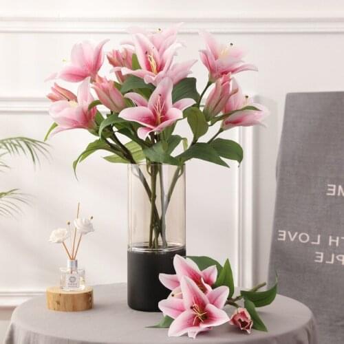 5Pcs 3 Heads Lily Fake Flowers Real Touch Flower Wedding Home Decoration Photography Film Lily Artificial Flowers Bouquet