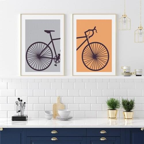 Bicycle Diptych Art Canvas Painting,Bike Lover Poster,Athlete Gift,Grey and Orange Wall Picture Modern Minimalist Home Decor