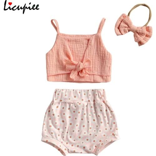 0-2 Years Girls Three Piece Set, Infants Lace Up Halter Tops Flower Printing Elastic Shorts Bow Tie Hair Band