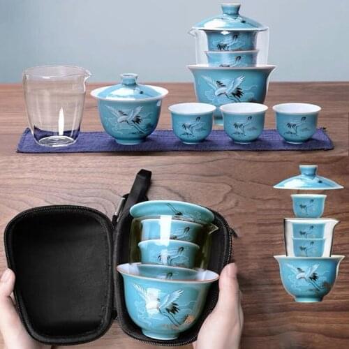 Creative Portable Blue and White Porcelain Gaiwan Chinese Ancient Glaze Jingdezhen Tea Set Han-Painted Crane Teapot Tea Bowl