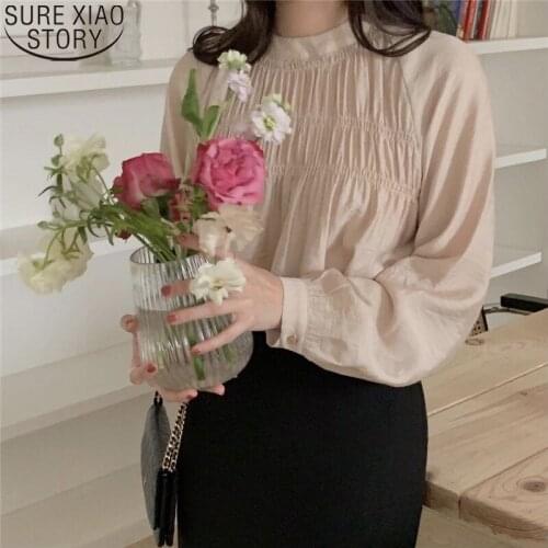 Fashion Pleated Long Sleeve Vintage Blouses Korean Chic Round Collar Blouse Women Loose Shirt Cotton Tops Female Clothing 16956