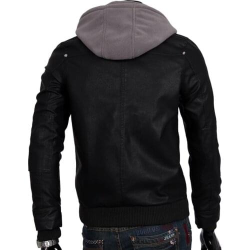 Casual Korean Autumn Mens Hooded Faux Leather Outerwear Coats Moto Biker Slim Hat Detachable Male PU Leather Jackets Plus Size