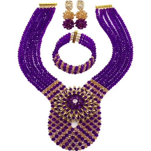 Lovely Purple Champagne Gold AB Crystal Beads African Necklace Nigerian Beads Jewelry Set Wedding Gifts 6WDK08