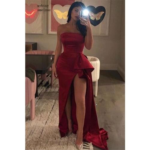 Sexy Hi-lo Mermaid Evening Dress 2020 Red Strapless High Side Slit Sheath Prom Gown Formal Party Carpet Dress For Women Cheap
