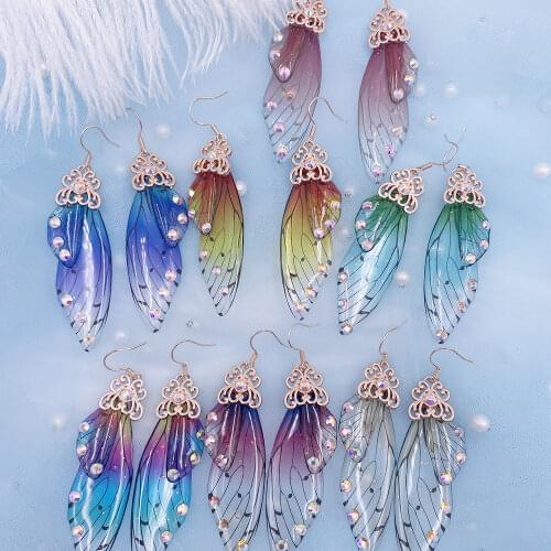 Fairy Rainbow Gradient Resin Butterfly Wing Drop Earrings for Women Rhinestone Glitter Simulation Insect Dangle Earrings Jewelry