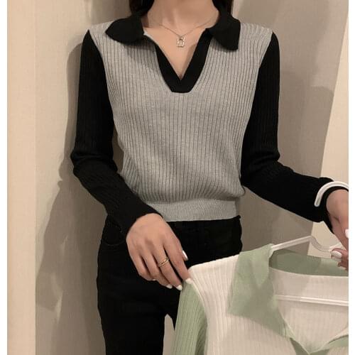 Sweater Pullover Crop Top Womens Patched Turn-down V-neck Full Sleeve Knitted Sweaters Shirts Female Knitting Jumpers