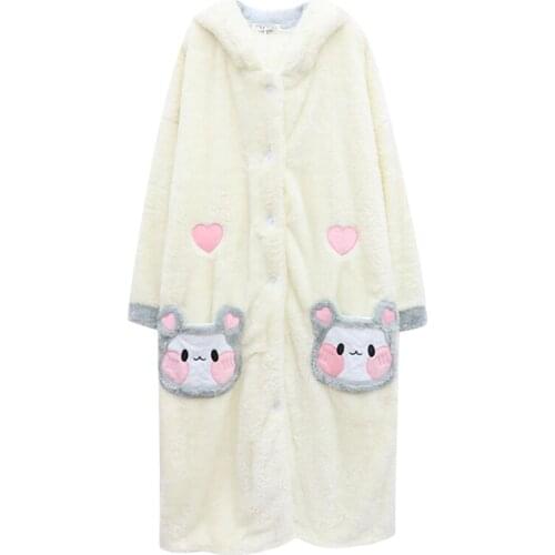 VSUE Woman Beige Cartoon Pajamas Robes Hooded Coral Velvet Lovely Cartoon Pocket Sleepwear Bathrobe Warm Home Wear A0033
