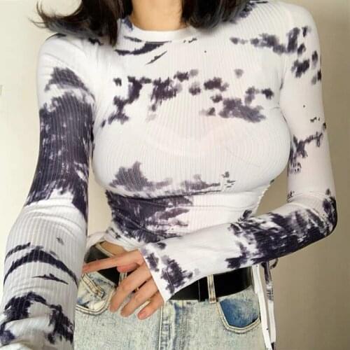 Spring thin micro transparent round neck T-shirt womens tight short open navel drawstring long sleeve top graffiti pattern top