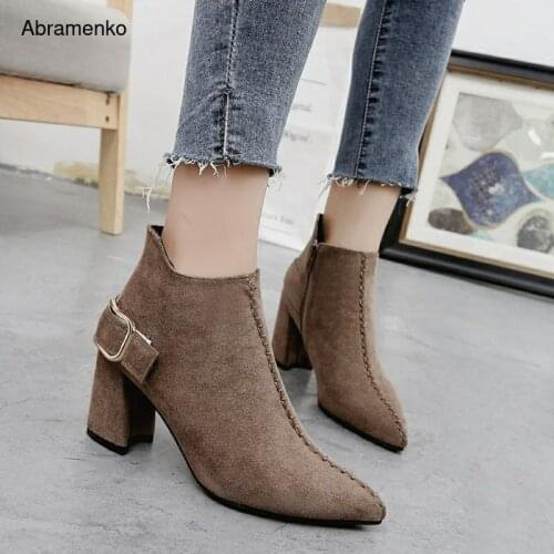 Women Ankle Boots 7cm Heels Autumn Ladys Shoes Zip Leather Casual Retro Pointed Toe PU Square High Heels Pumps Plus Size 35-42