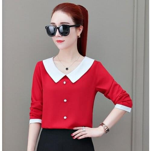 Women Spring Summer Cute Chiffon Blouses Shirts Lady Casual Peter pan Collar Long Sleeve Blusas Tops DD2567
