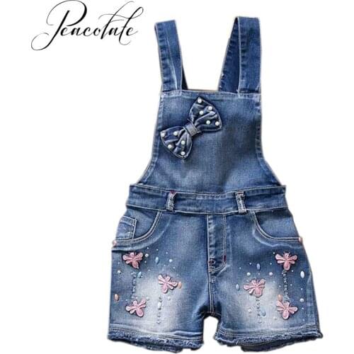 3-7T Summer Children Kids Little Girls Romper Shorts Denim Shorts Jeans Cotton Denim Bib Braces Rompers