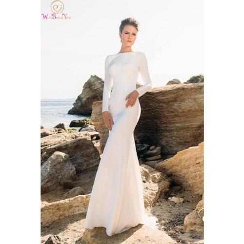 Elegant Long Sleeve Mermaid Simple Wedding Dresses 2020 O-Neck Sexy Backless Bridal Gowns White Ivory vestidos de noiva