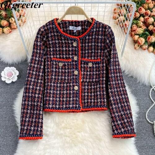 2021 Autumn Winter New Small fragrant Style Tweed Gold Buckle Ladies Short Coat Chaleco Mujer Splicing Plaid Woolen Crop Tops