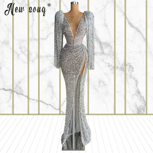 Muslim Sequined Evening Dress V Neck Corset Prom Gowns African High Split Side Gorgeous Robes Women Dress Custom Made Plus Size