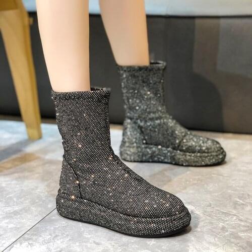 Winter Women Pumps Dress Martin Boots Platform Fashion Rhinestone Lace Up Round Toe Mid Heels Snow Botas Women Shoes Snow Boots