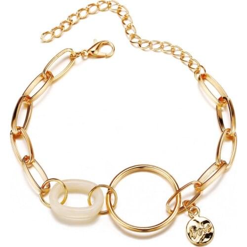 12 piece/lot Geometric Circle Coin Bracelet Acrylic Gold Color Charm Hollow Metal Link Chains Bangles Women Jewelry Wholesale