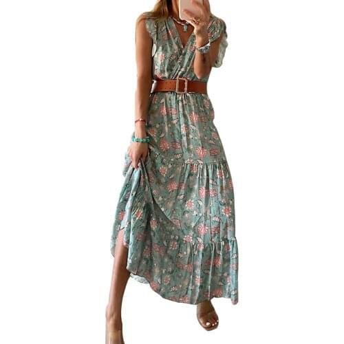 BAMBOOBOY Elegant Vintage Women V Neck Frill Belted Floral Print Holiday Casual Party Maxi Dress FC959