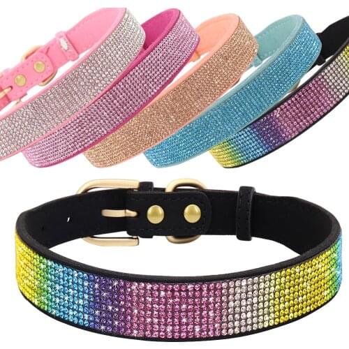 Bling Rhinestones Dog Cat Collar Suede Leather Dog Puppy Collars Crystal Diamante Necklace for Small Dogs Cats Chihuahua