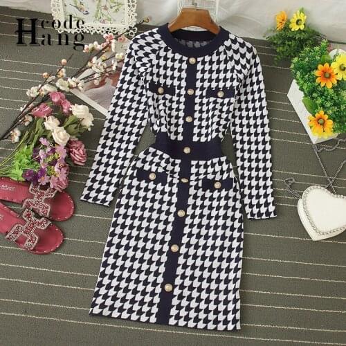 HangCode Women Elegant Geometric Knit Dress Autumn Winter Vintage Houndstooth Pullover Sweater Dress Black Office Ladies Dress