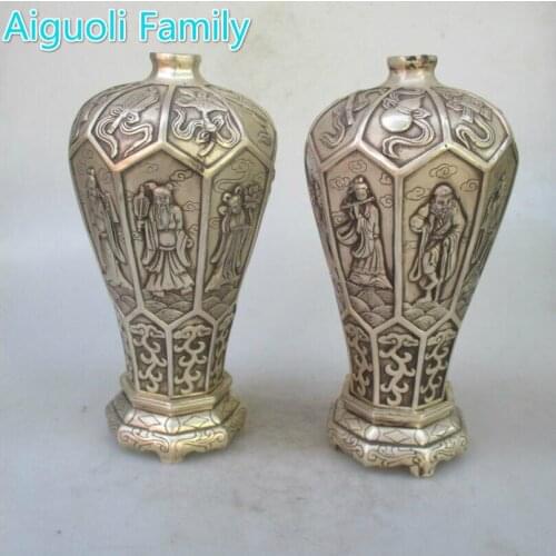 Collectible 1 Pair of Chinese Ming/Qing Dynasty Decorated Old Handmade Tibet Silver 8 immortals Vase/Antique Metal Vase