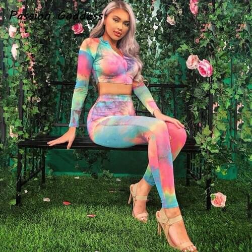 Colorful Printed 2 Piece Matching Sets Women Fitness Suits Outfits Tracksuits Long Sleeve Zipper Shirts Tops Leggings Jogger Set