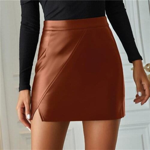 Fashion PU Skirt Womens Irregular A-Line High Street Casual Bandage Waist Leather Skirts Autumn Winter Solid Color Short Skirt