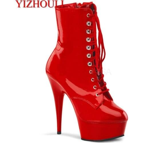 Red fashion boots super high heels, 15cm classic ankle boots, 6-inch stiletto pole dancing ankle boots