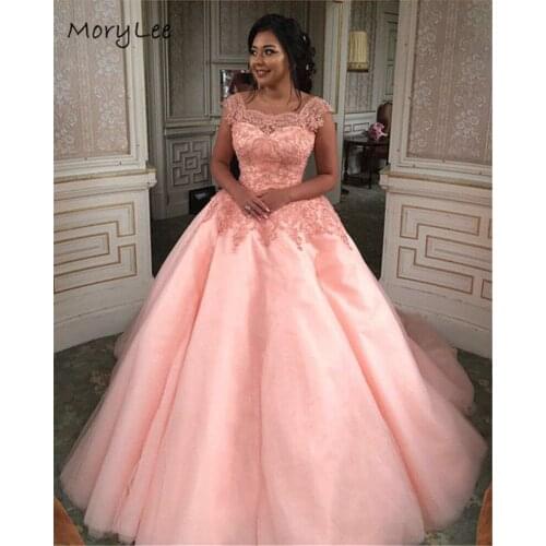 Pink Evening Dresses Scoop Floor Length Lace Applique Crystal Soft Tulle Evening Dresses Lace Up vestidos de fiesta de noche