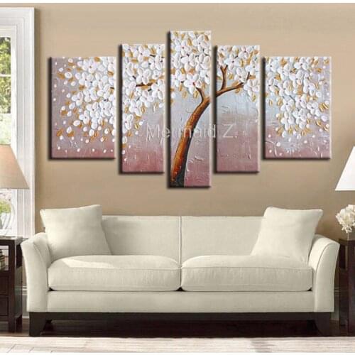 Hand Made Modern White Gustav Klimt Tree Of Life Abstract Oil Painting On Canvas Picture 5 Panel Wall Art Home Decoration set