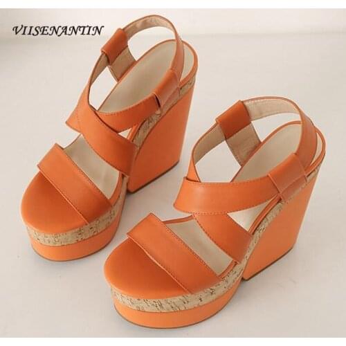 14 Cm Catwalk Sandals Platform Super High-heel Platform Sandals Platform Elastic Flat Buckle Leather Wedge Open-toe Sandals