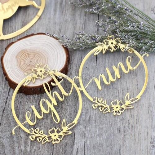 Customized Laser cut Name wreath design mirror gold or sliver Setting numbers,Vintage name Cards Wedding gifts for guests