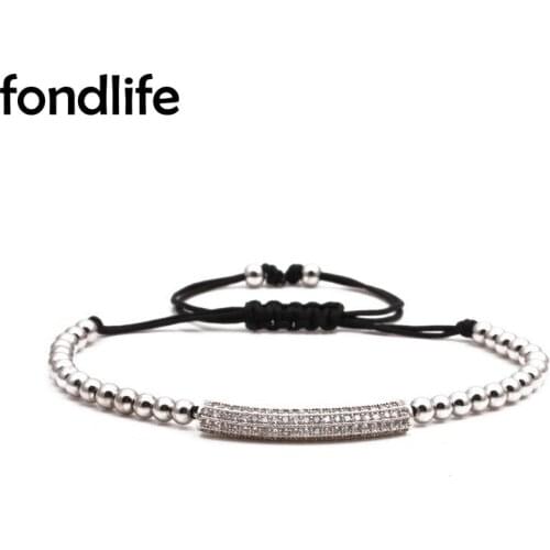 AAA White Cubic Zirconia Crystal Long Bar Beaded Bracelet Women Bent Pipe 4MM Brass Beads Black Cord Macrame Jewelry Men Gift