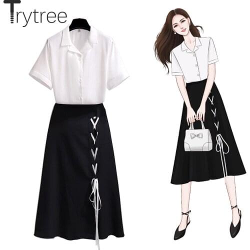 Trytree Summer Women Two Piece Set Casual White Shirt + Skirt Elastic Waist Criss-Cross Ribbons Solid Office Lady 2 Piece Set