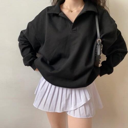 WOMENGAGA Streetwear Loose Casual Solid Color Sweatshirt Women Korean Fashion Long Sleeve Lapel Oversize Tops C4IN