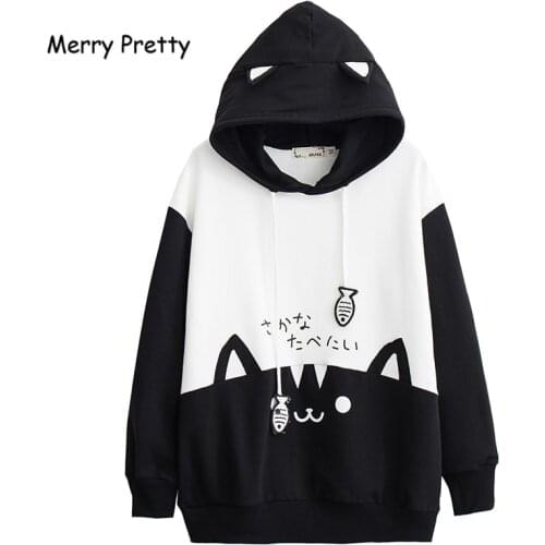 MERRY PRETTY Women Cartoon Print Harajuku Hooded Sweatshirts 2018 Winter Long Sleeve Patchwork Pullover Sweet Girl Cute Hoodies