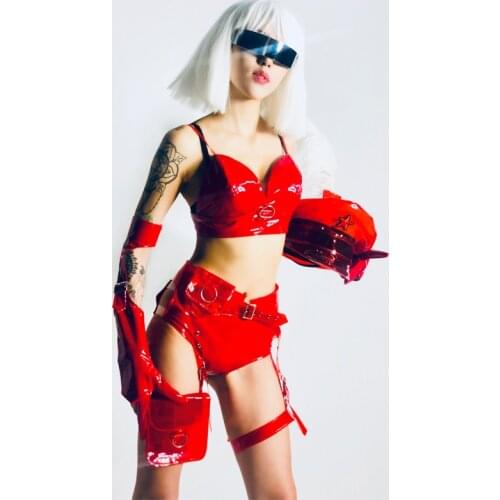 Female Pole Dance Clothing Nightclub Gogo Dancer Stage Costumes Red Bikini Suit Feather Hat Festival Party Rave Outfits DWY6072